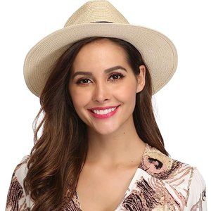 Women's Brown Wide Brim Straw Panama Roll Up Fedora Hat